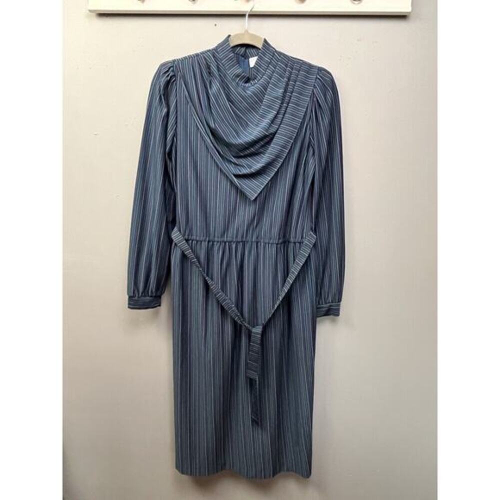 Vintage Periwinkle belted dress size 12 Teal Striped Drape Neck Long Sleeve